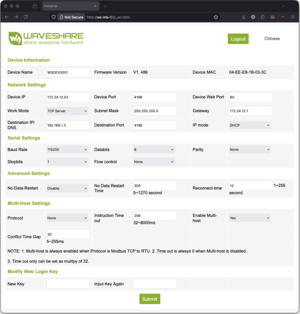 Waveshare Modbus POE ETH Relay (B) - Web configurator
